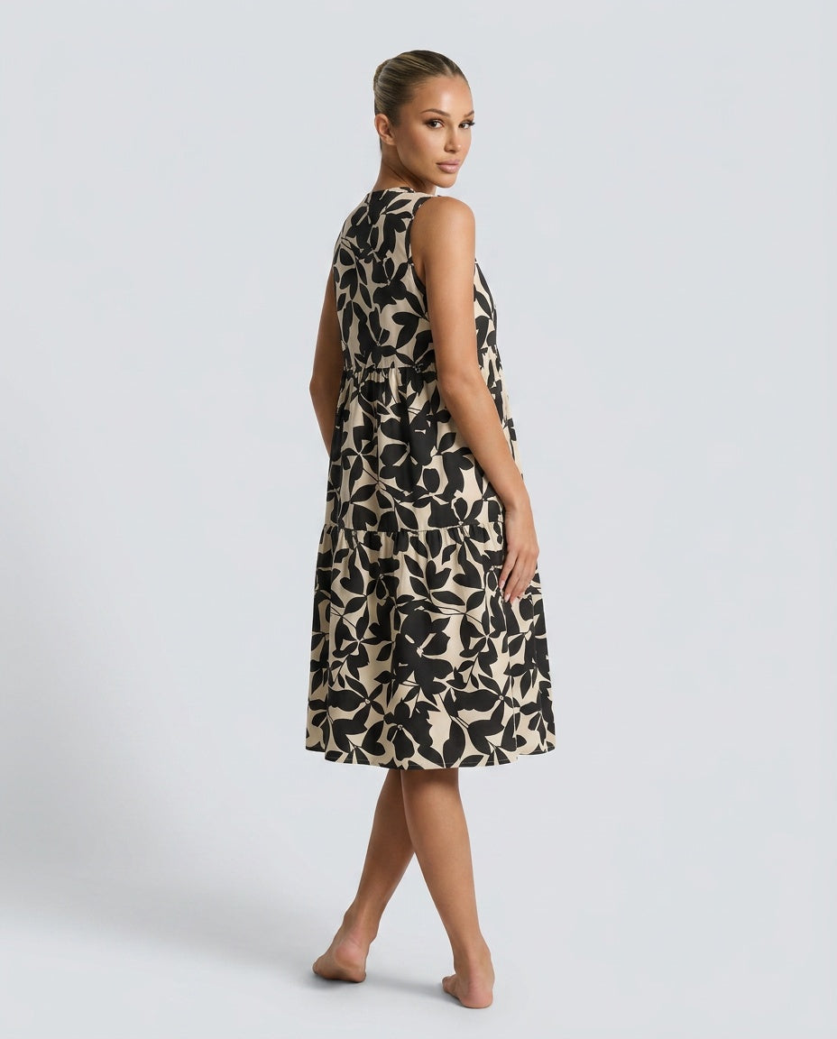Kennedy | Tiered Leaf Print Sleeveless Midi Dress
