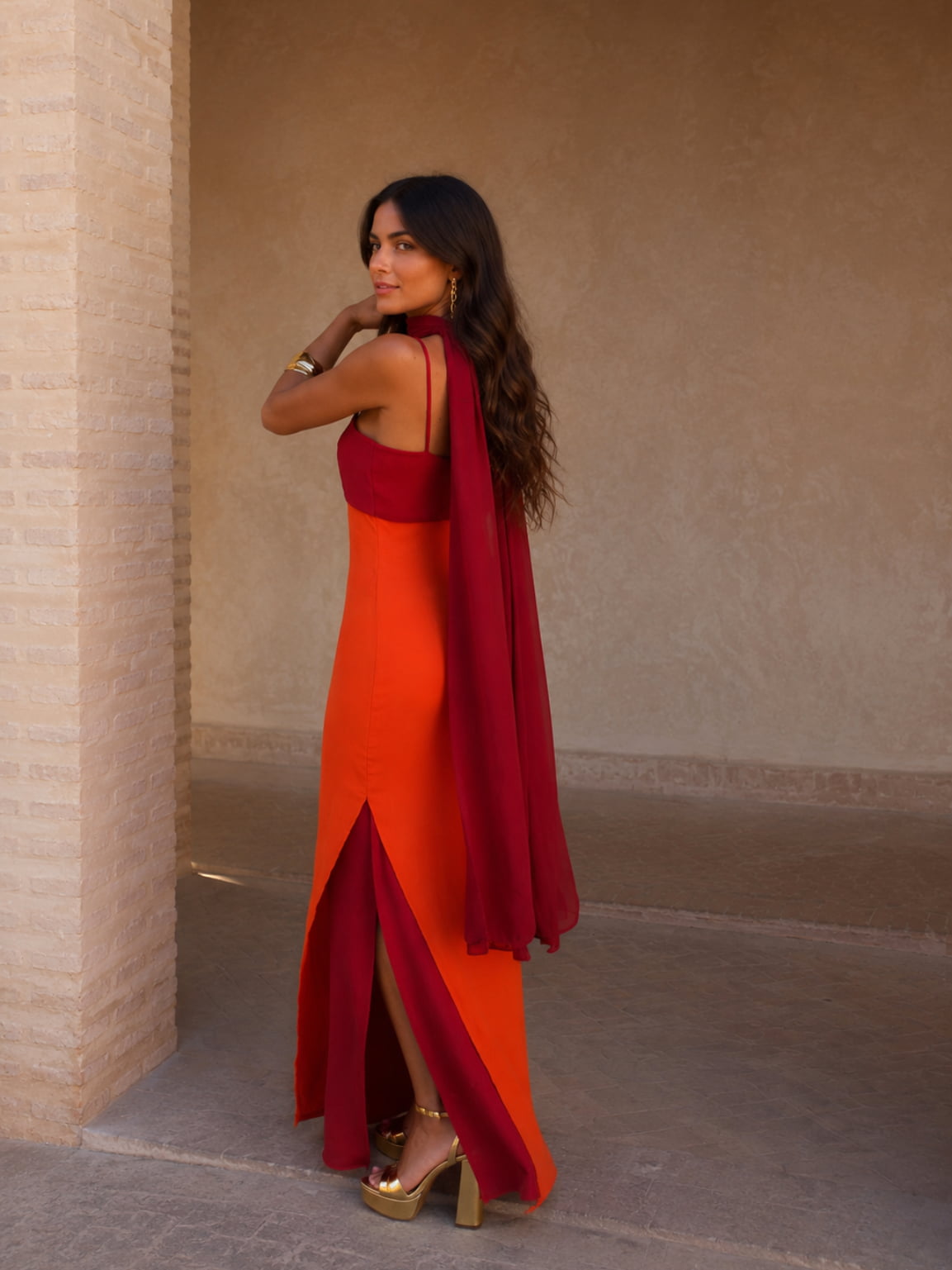 Isabela | Two-Tone Draped Strapless Maxi Dress with Scarf