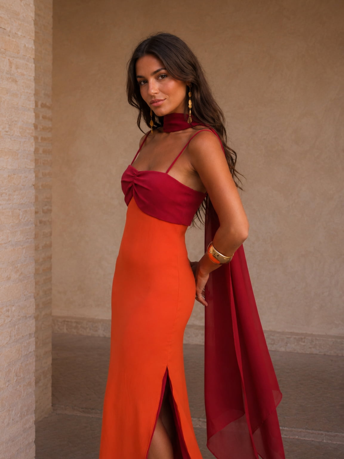Isabela | Two-Tone Draped Strapless Maxi Dress with Scarf