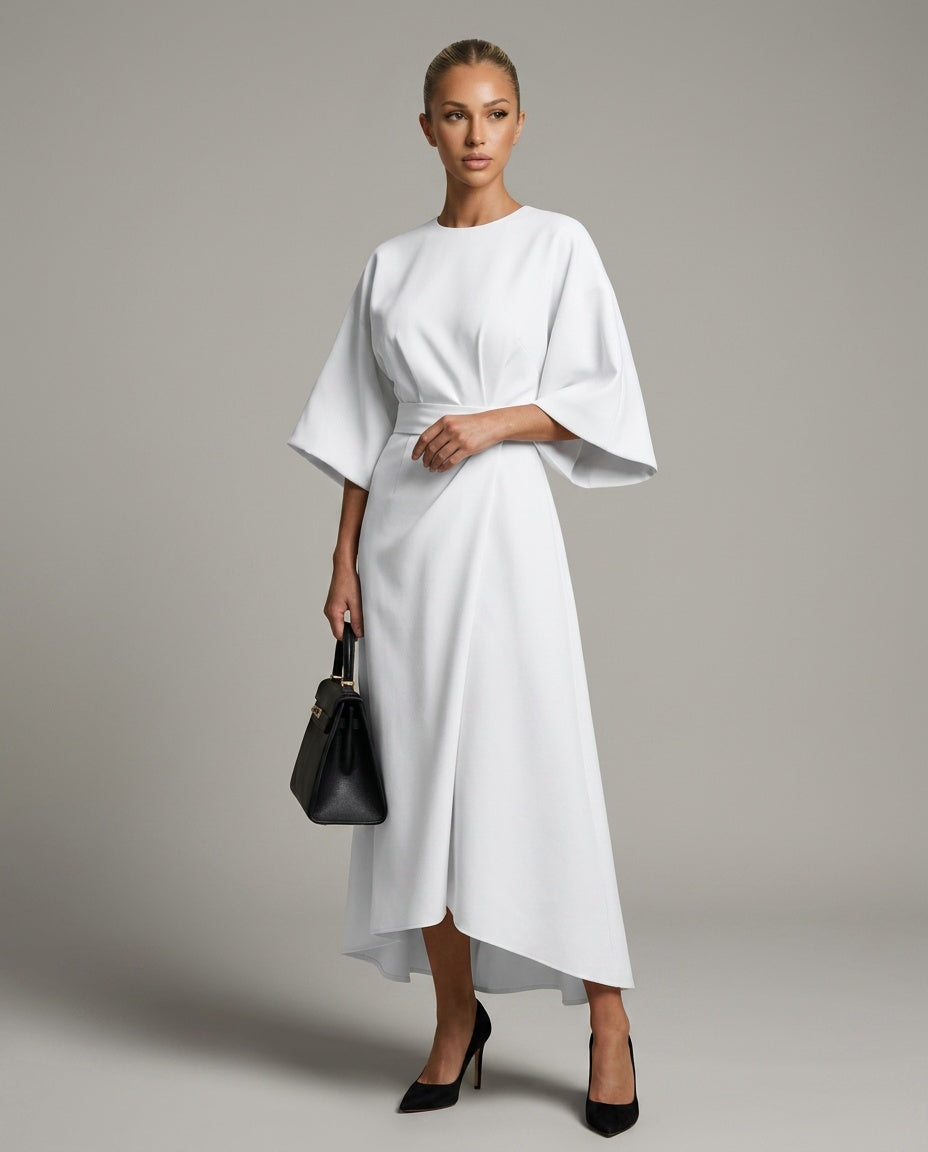 Daniela | Waist-Defined Cape Sleeve Asymmetric Midi Dress