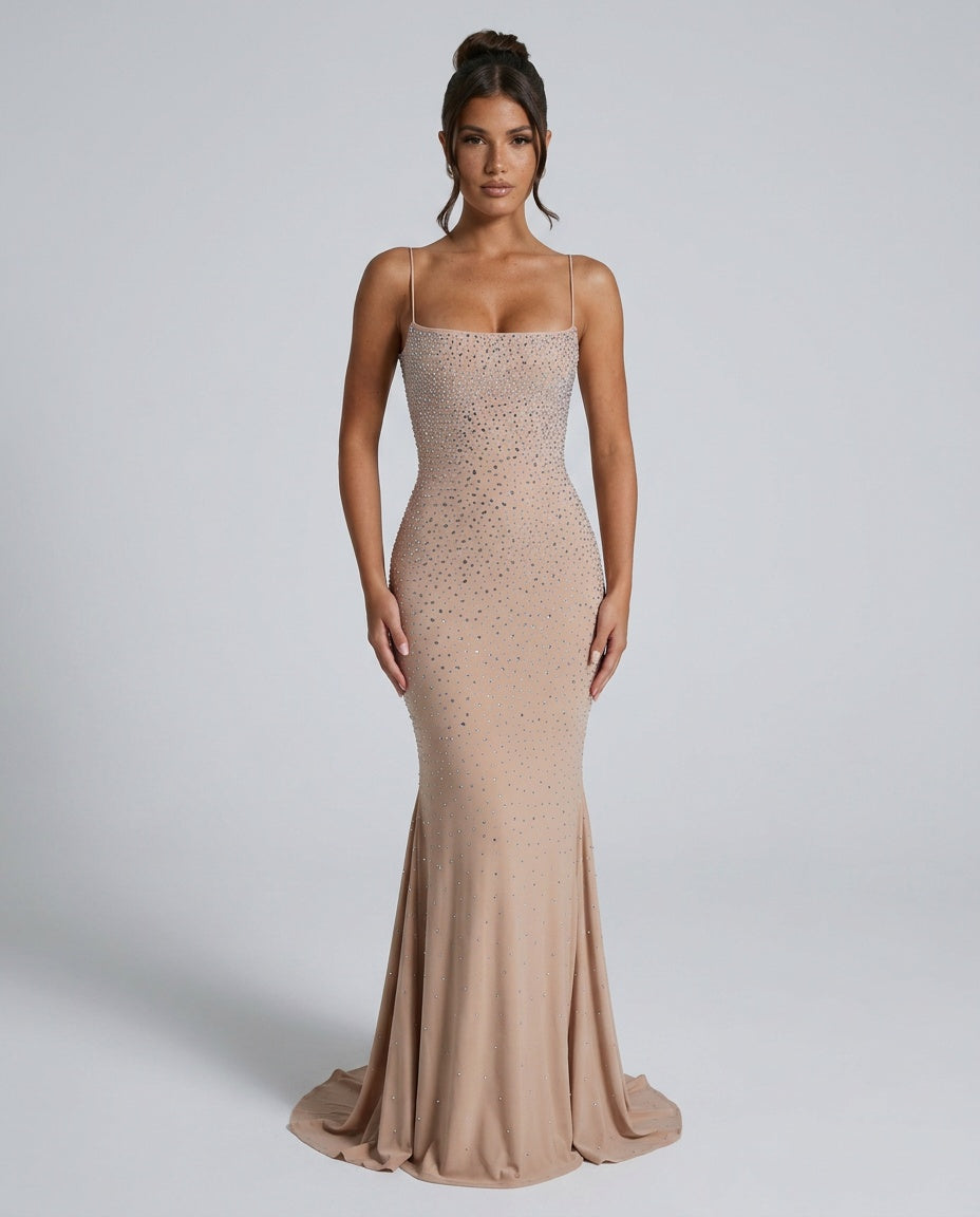 Mireille | Rhinestone Embellished Flared Maxi Dress