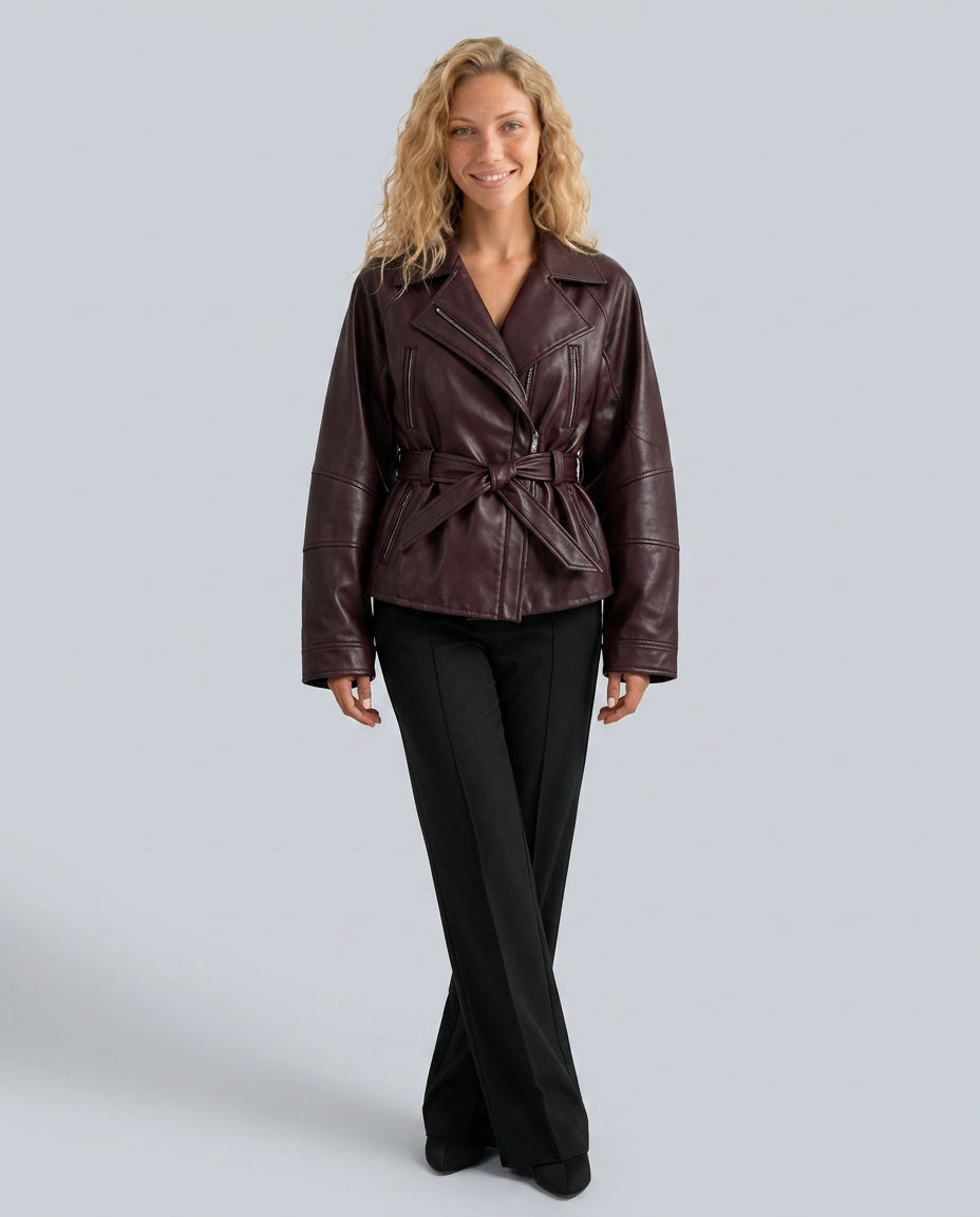 Giselle | Belted Zip-Front Faux Leather Jacket