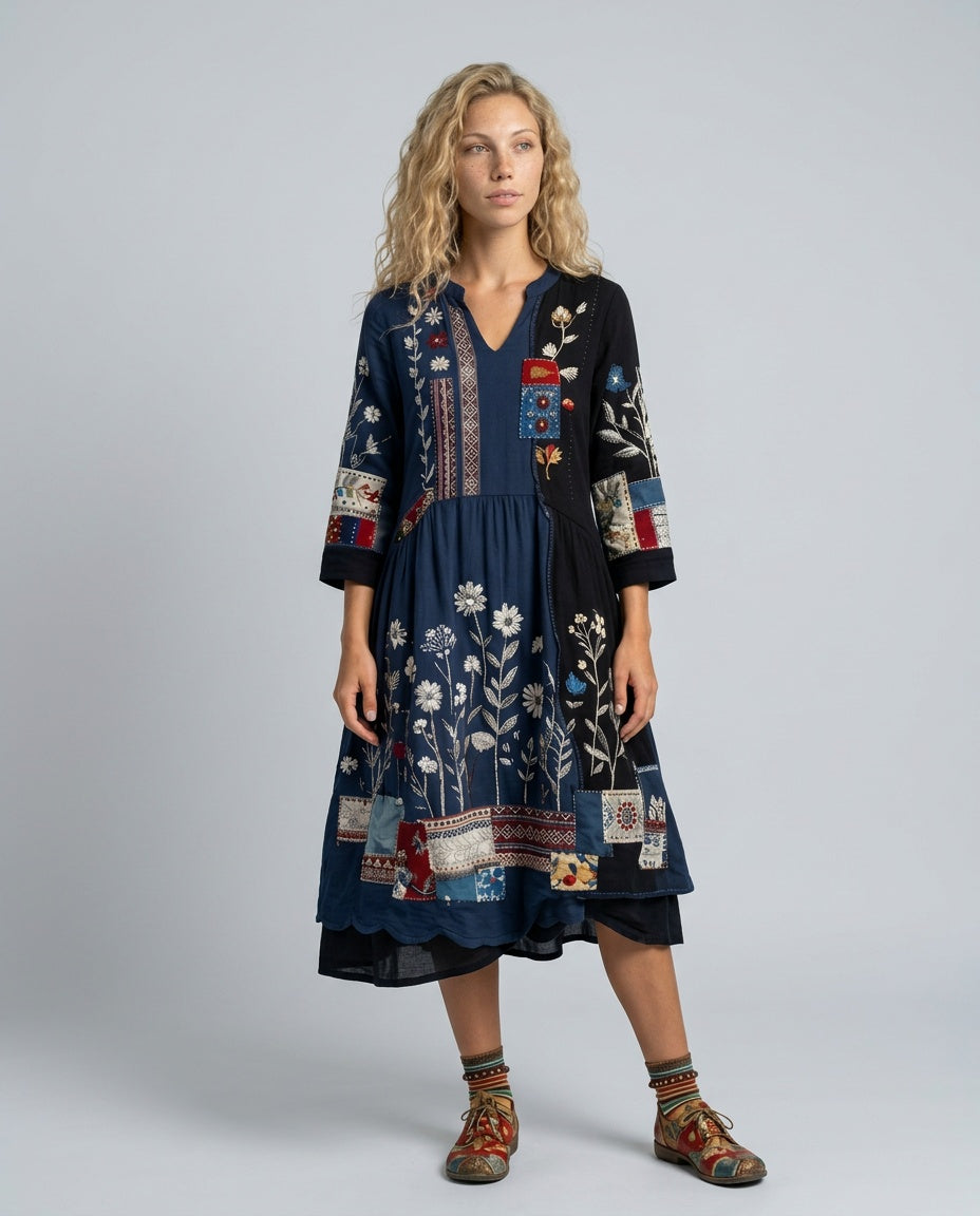 Wren | Embroidered Panel Long Sleeve Midi Dress