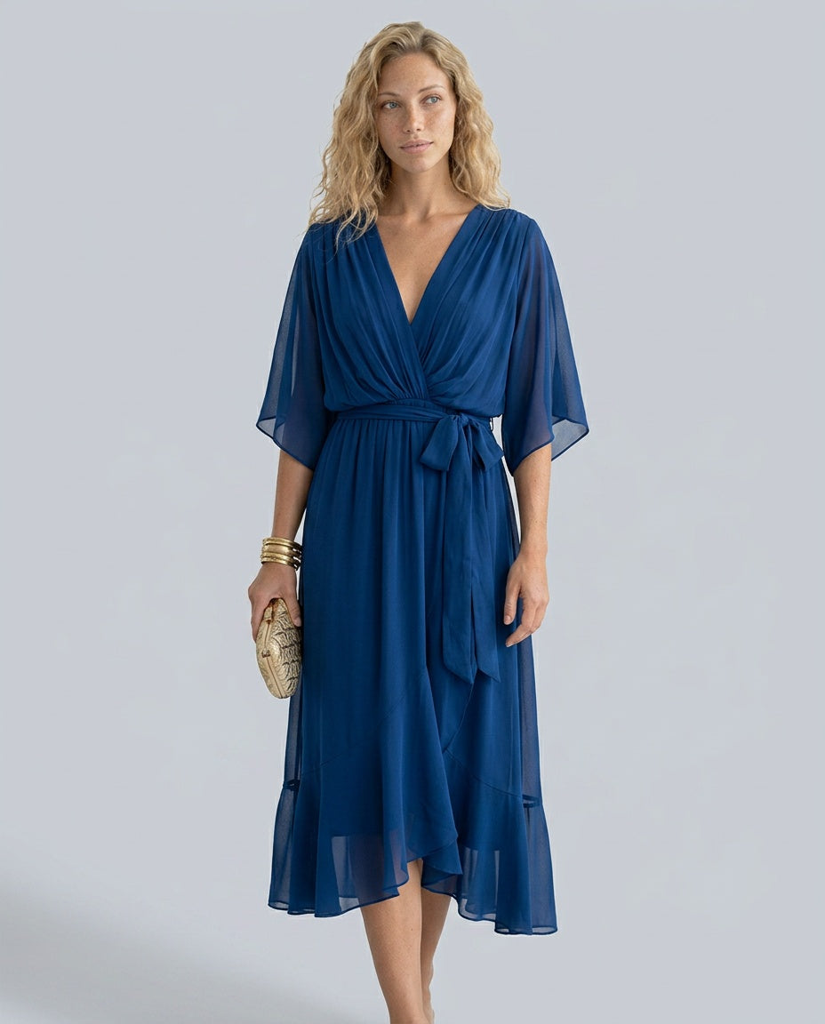 Daniela | Belted V-Neck Chiffon-Look Midi Dress