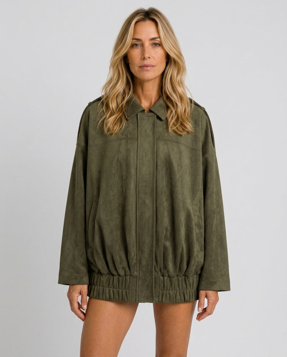 Quinn | Long Sleeve Faux Suede Bomber Jacket