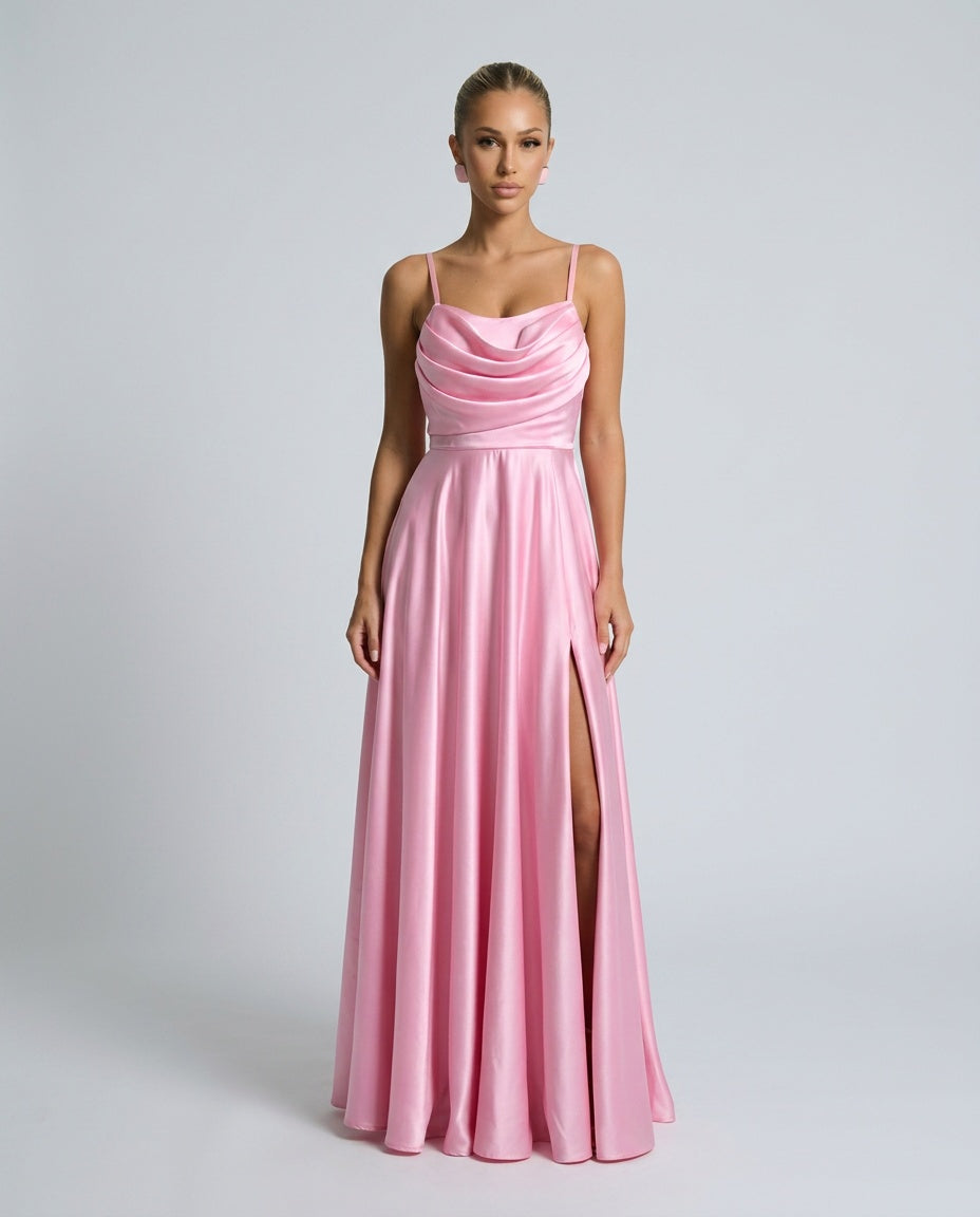Xenia | Cowl Neck Pleated Satin-Look Maxi Dress