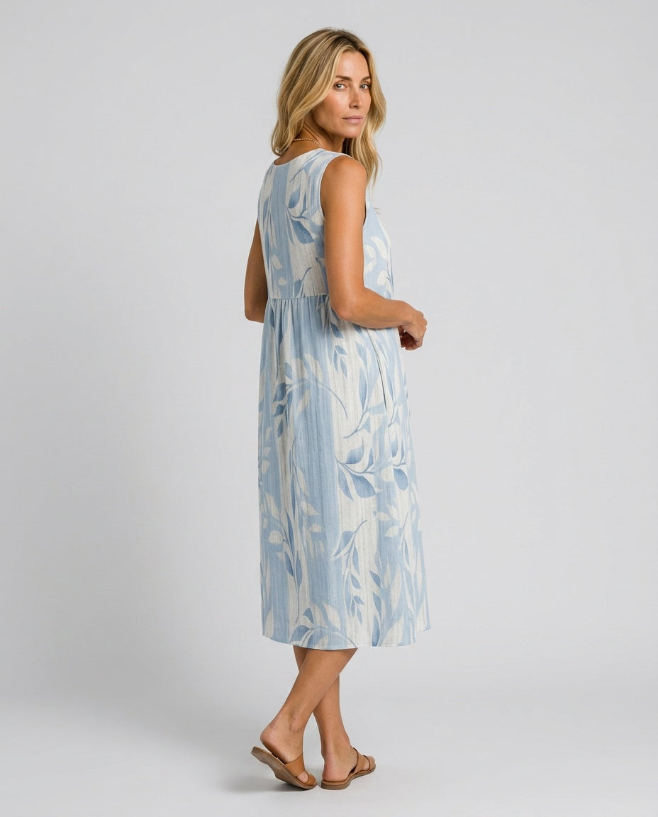 Solene | Sleeveless Leaf Print Midi Dress