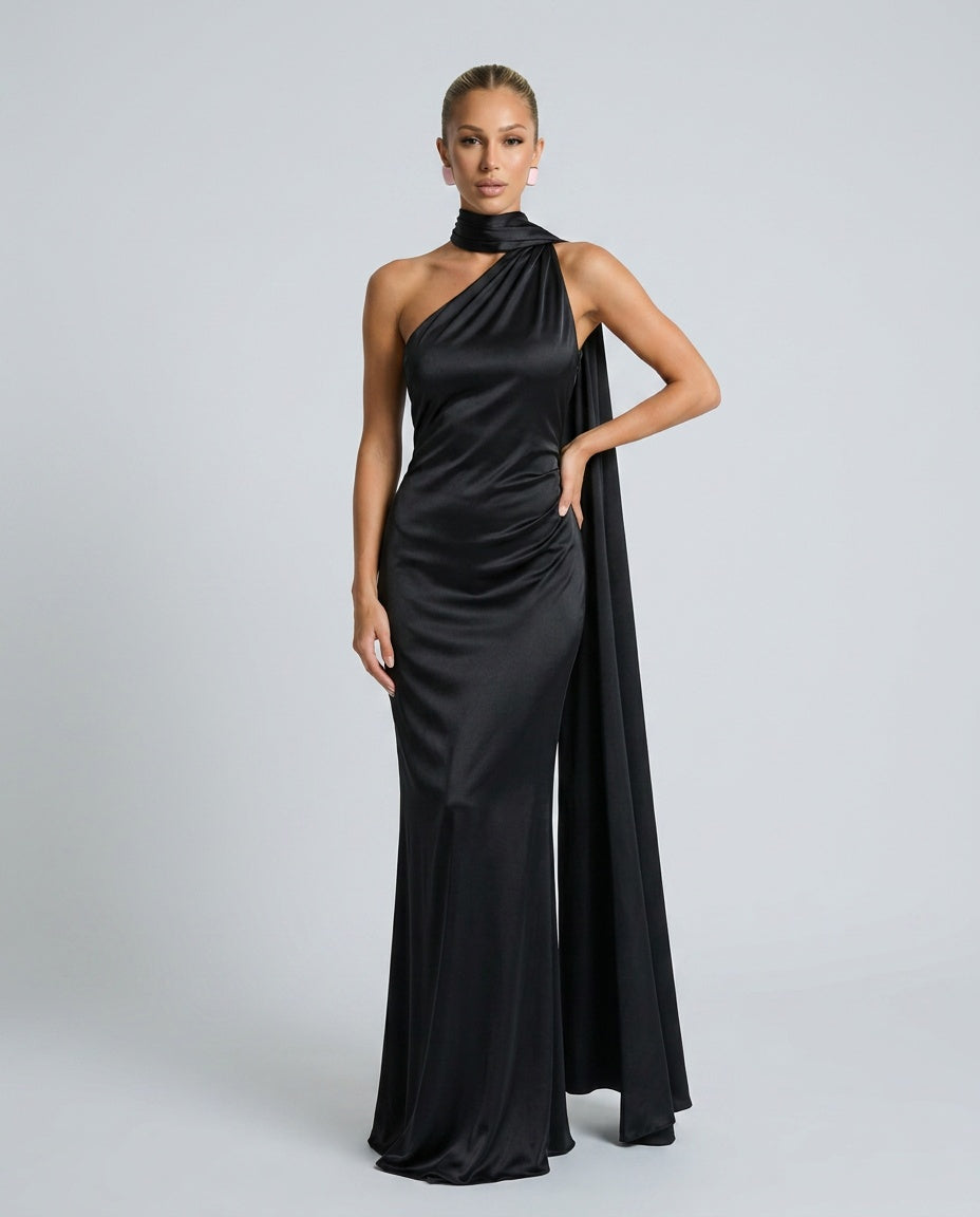 Savannah | One-Shoulder Scarf Detail Satin-Look Maxi Dress