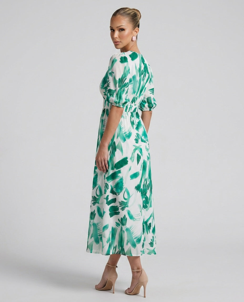 Coralie | Puff Sleeve V-Neck Abstract Print Midi Dress