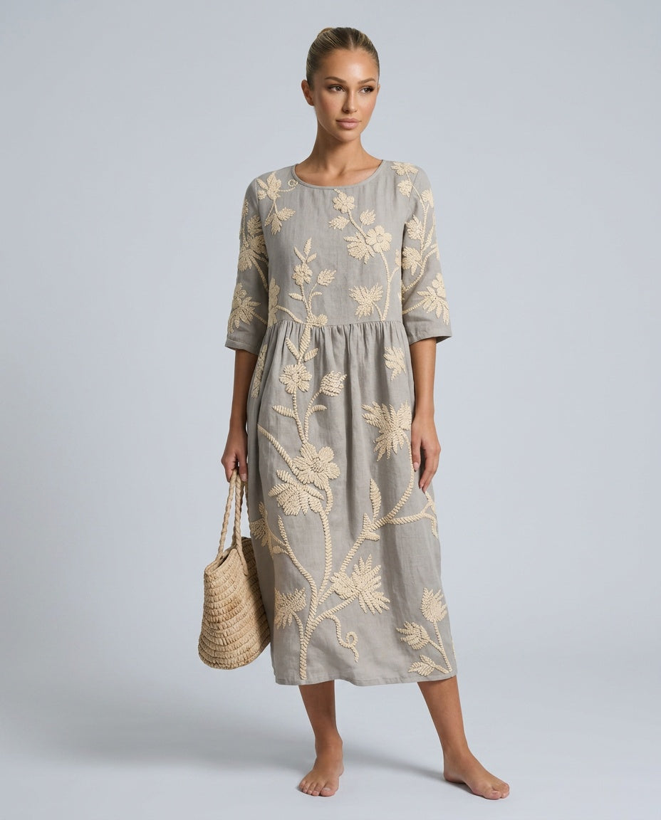 Josie | Floral Linen-Look Round Neck Midi Dress
