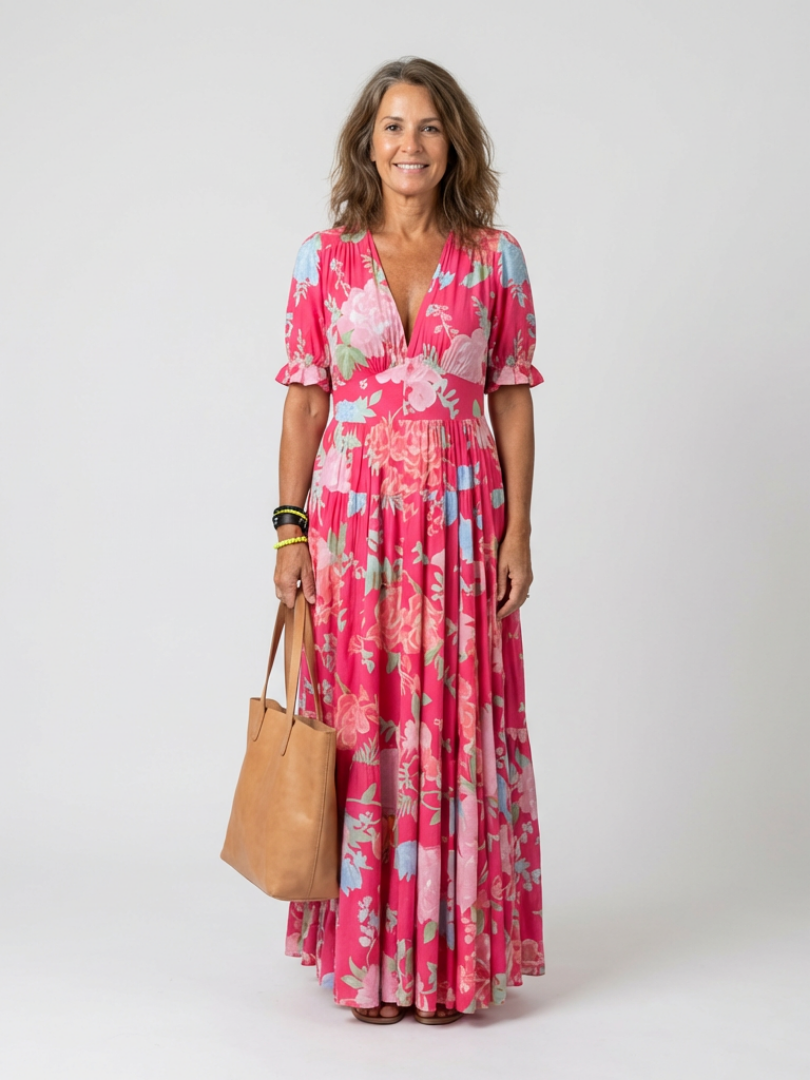 Josie | Short Sleeve V-Neck Floral Midi Dress