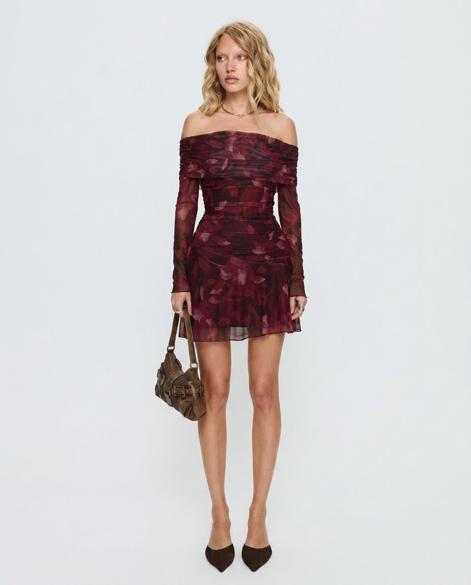 Saskia | Off Shoulder Long Sleeve Floral Mini Dress