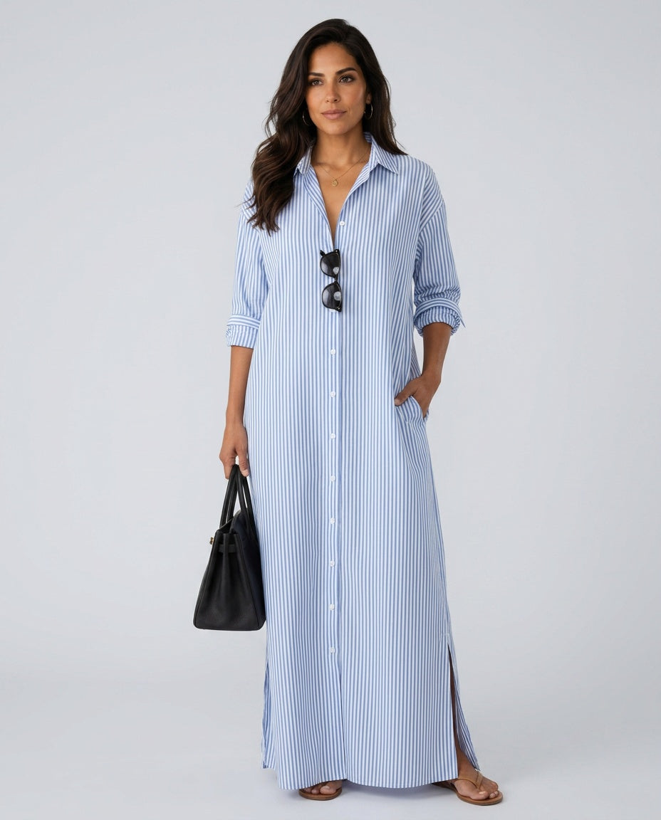 Serina | Striped Long Sleeve Collar Maxi Dress