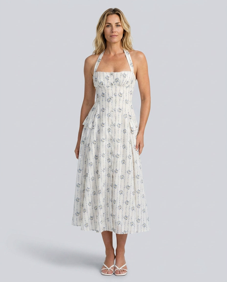 Kennedy | Floral Stripe Sweetheart Halter Midi Dress
