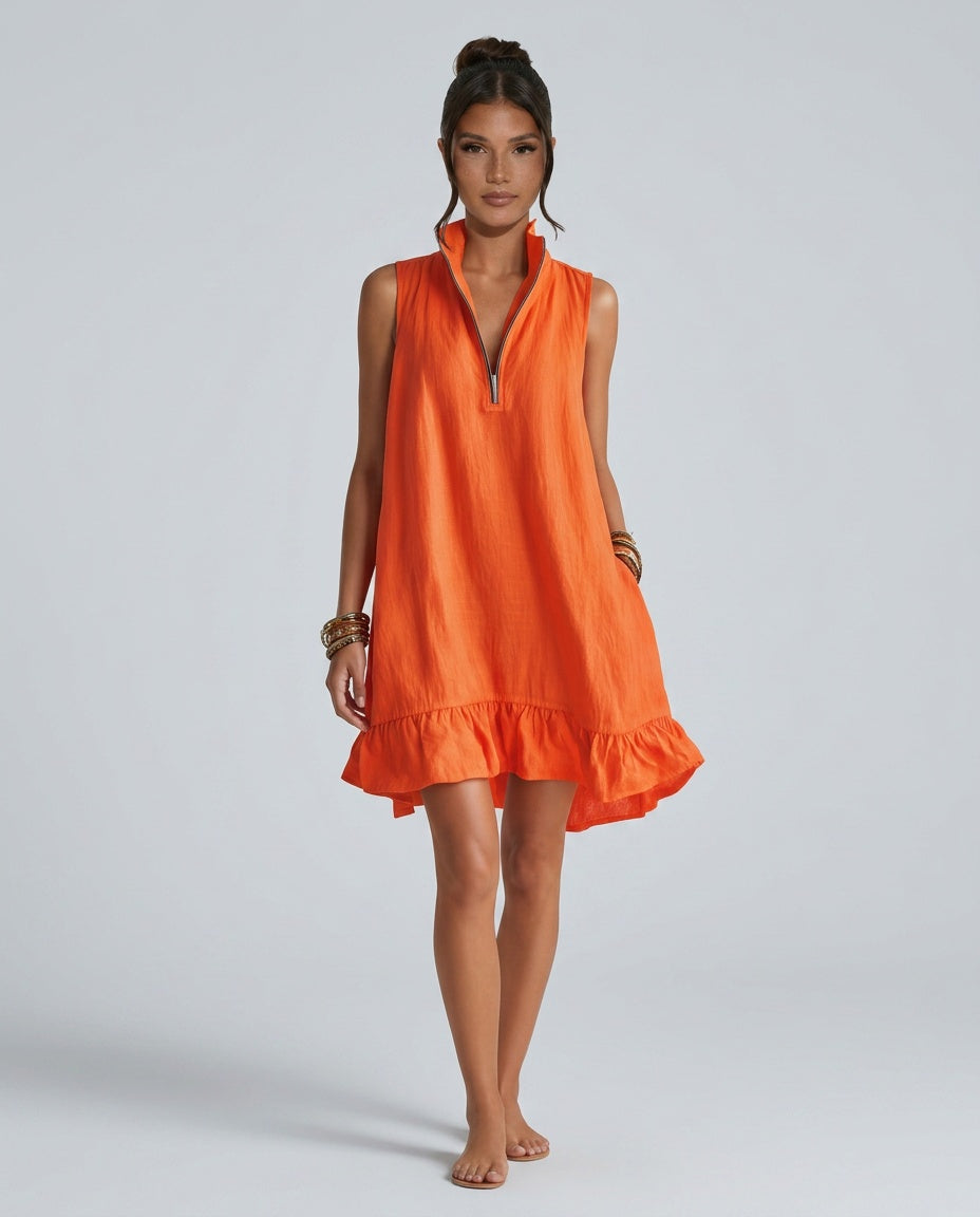 Mabel | Half-Zip Ruffled Hem Linen-Blend Mini Dress