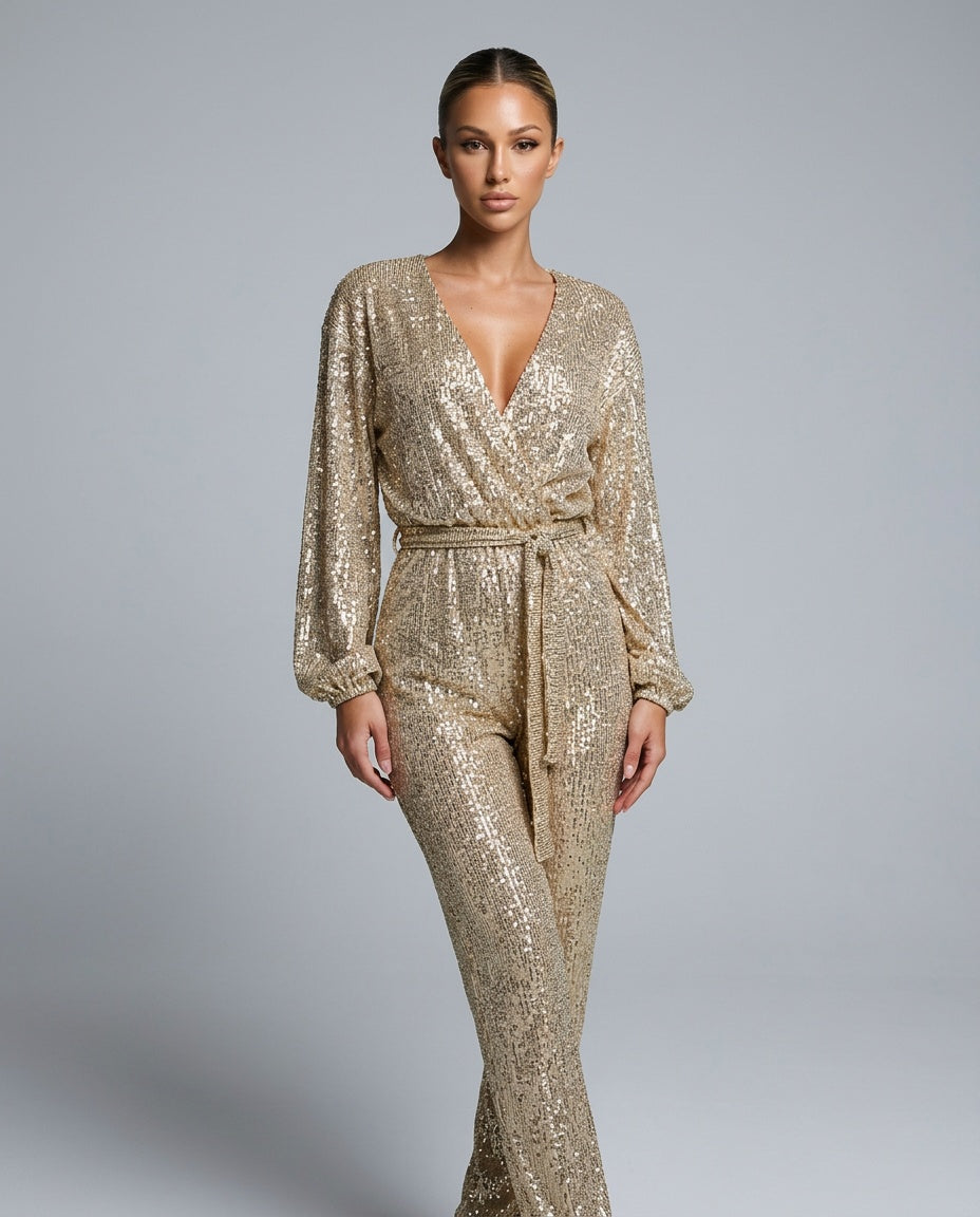 Aubrey | Long Sleeve Sequin Plunge Neck Jumpsuit