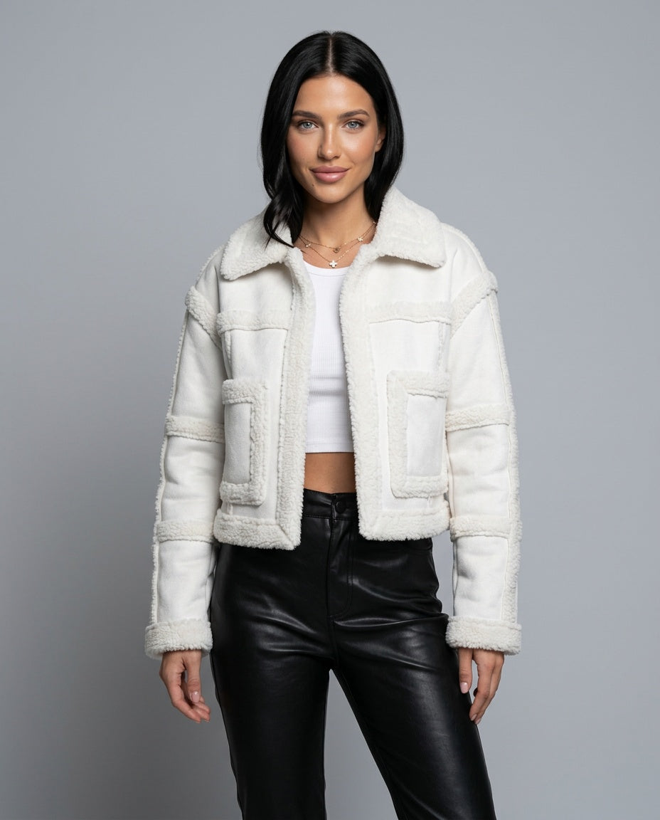 Noor | Cropped Geometric Panel Faux Fur Trim Jacket
