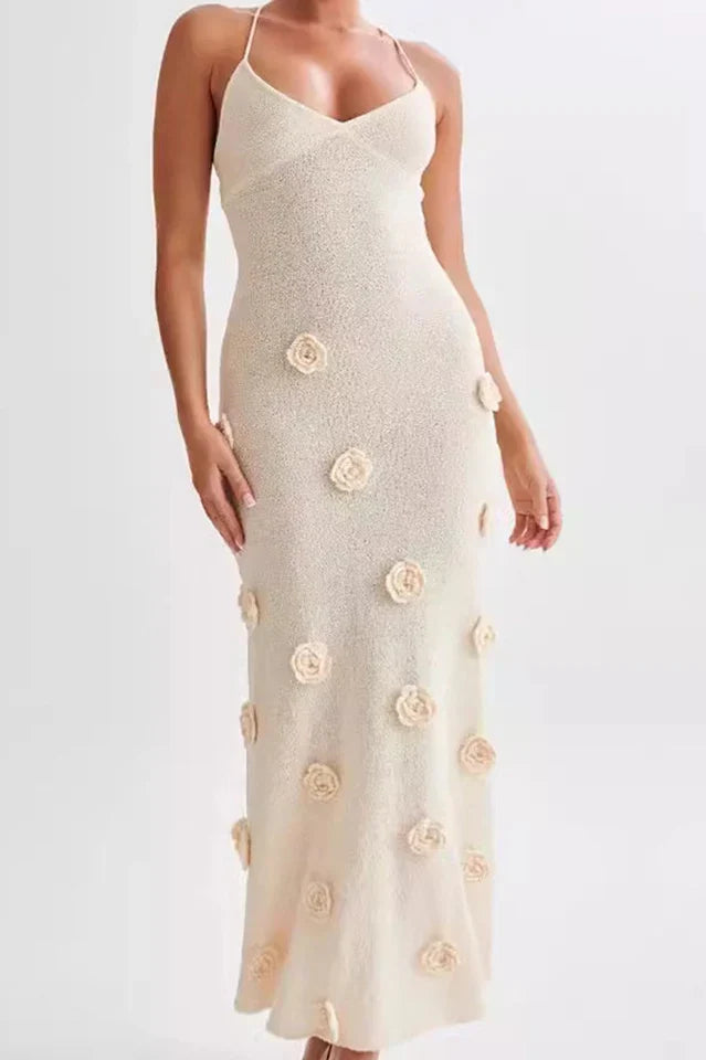 Mirella | Floral Knit Crochet Bodycon Maxi Dress