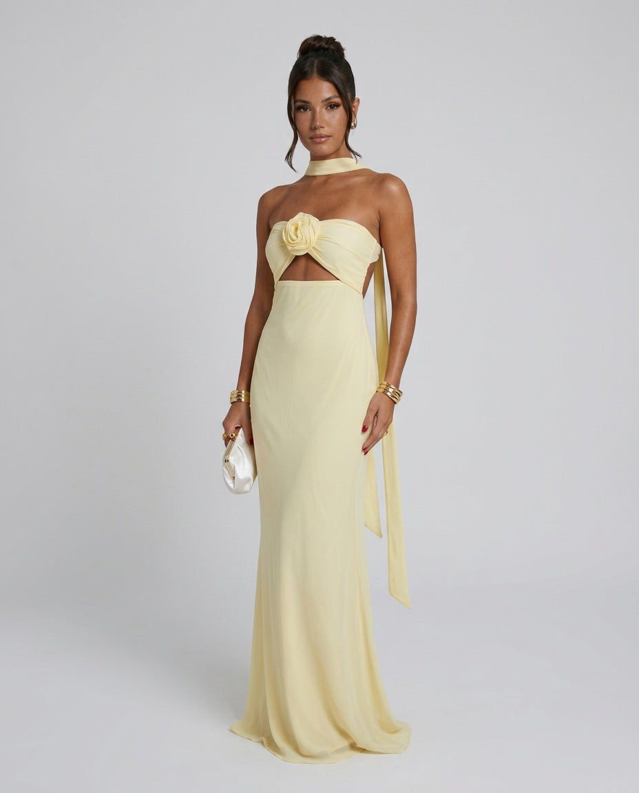 Gardenia | Strapless Rose Corsage Maxi Dress