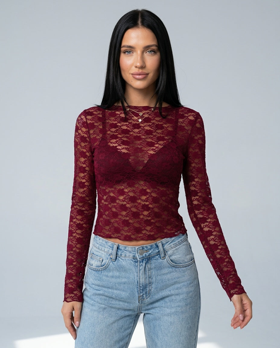 Anais | Sheer Lace Long Sleeve Cropped Top