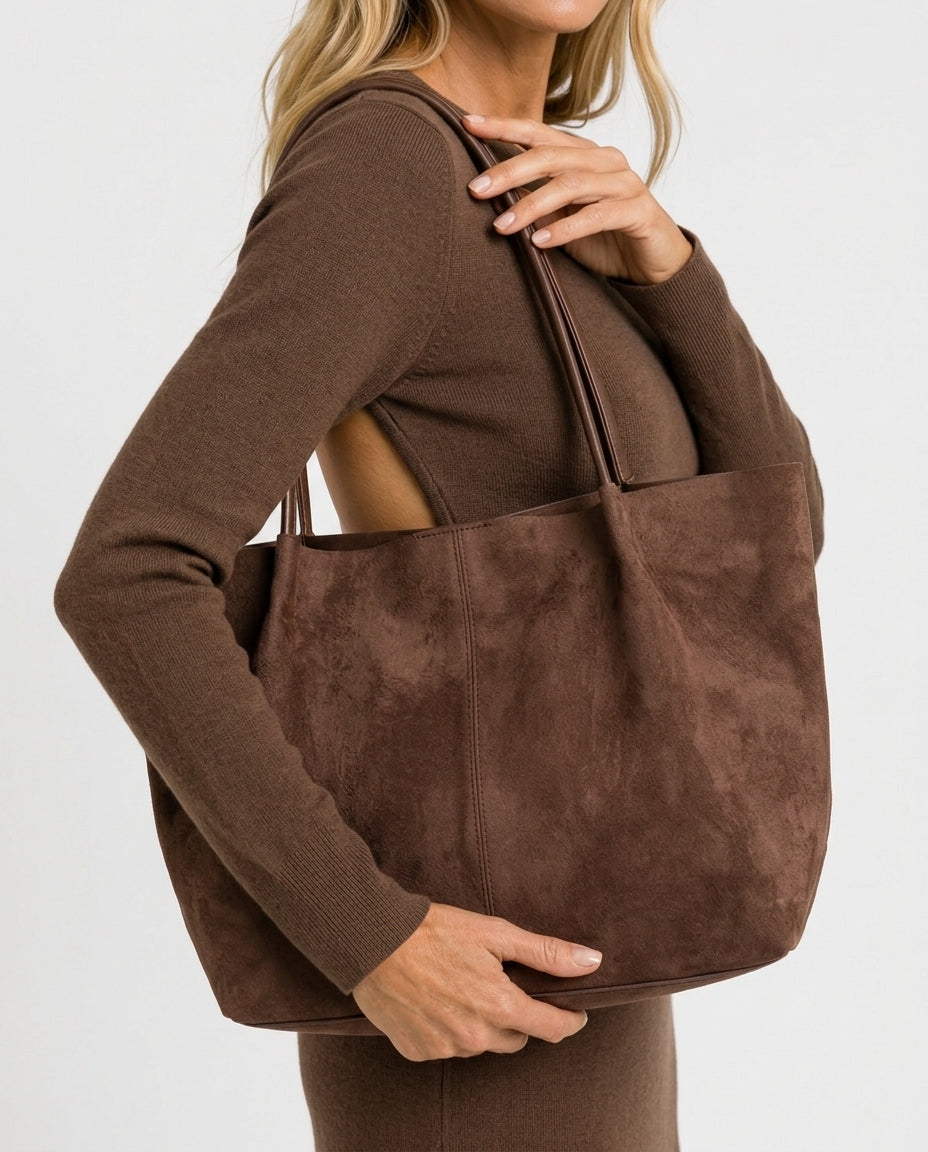 Retro Faux Suede Zip Tote Bag with Pouch
