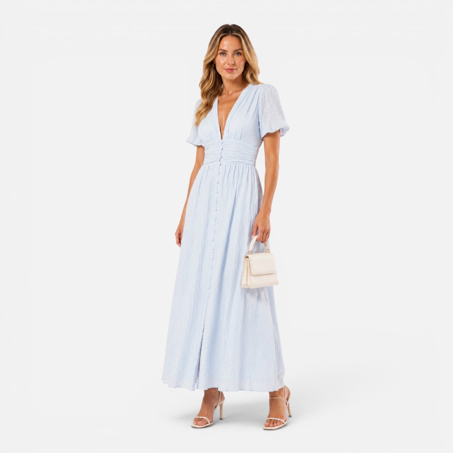 Everly | Deep V-Neck Puff Sleeve Formal Maxi Dress