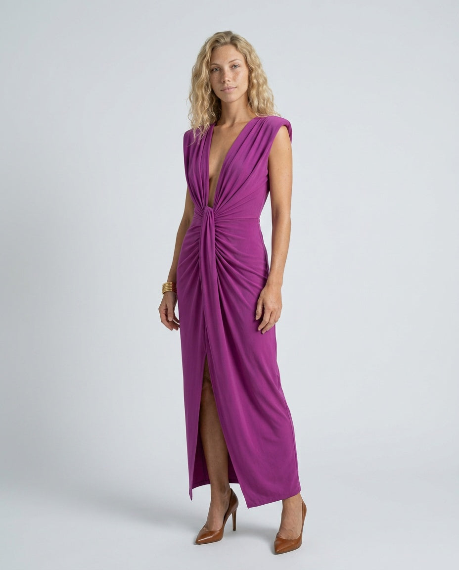Riley | Ruched Sleeveless Front Slit Midi Dress