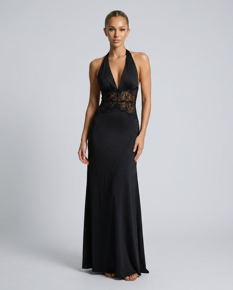 Stella | Halter Neck Lace Waist Satin-Look Maxi Dress
