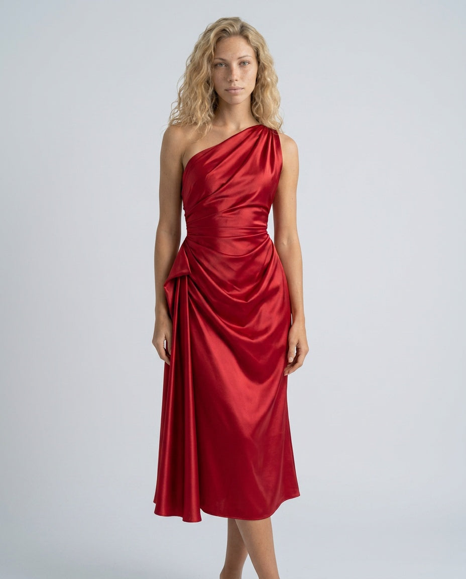 Seraphina | One-Shoulder Draped Satin-Look Midi Dress