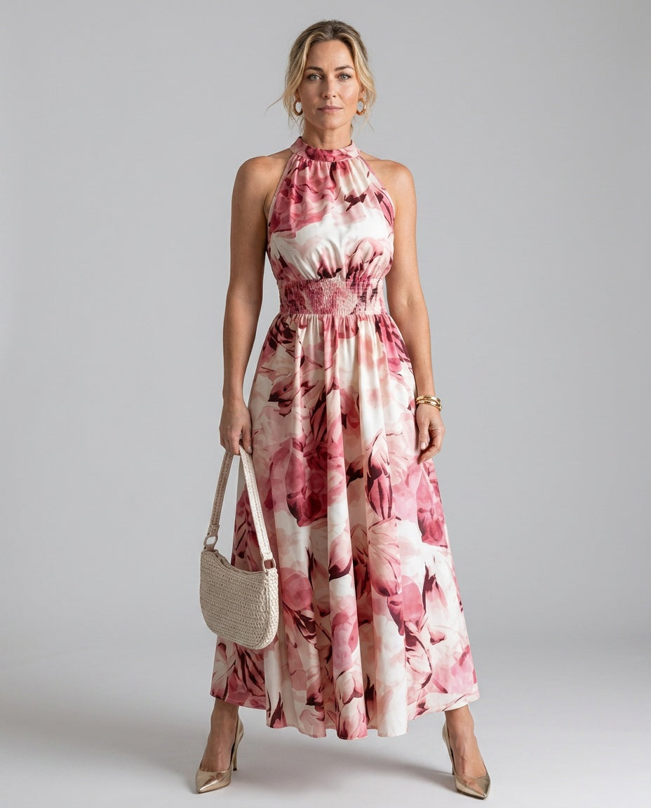 Blair | Gathered Waist Abstract Print Midi Dress
