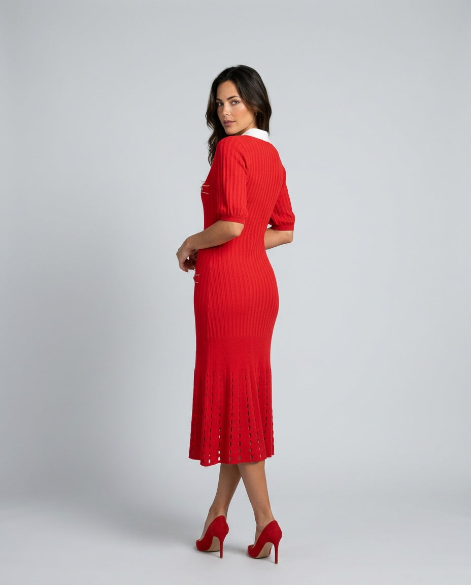 Ines | Perforated Short Sleeve Knit Midi Dress