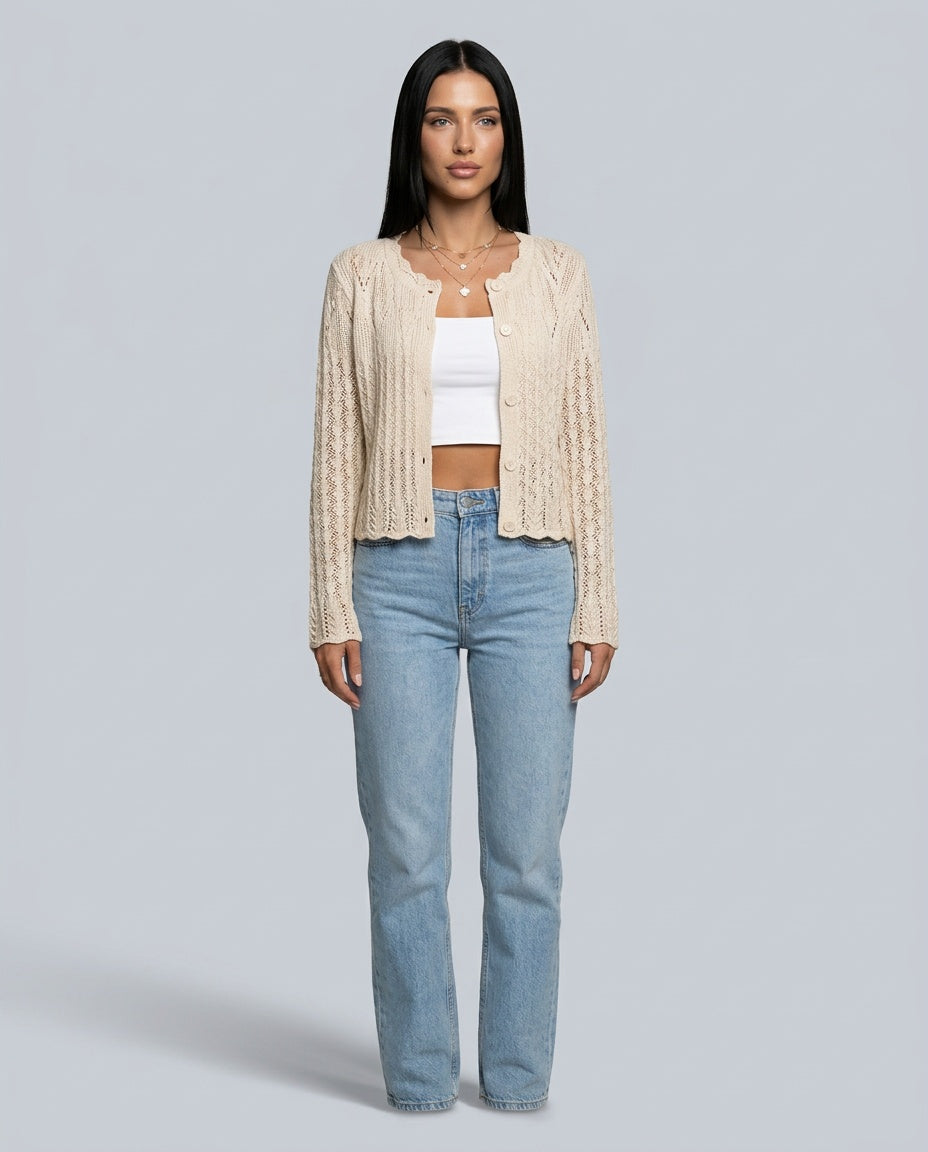 Ellie | Cropped Openwork Knit Button Cardigan
