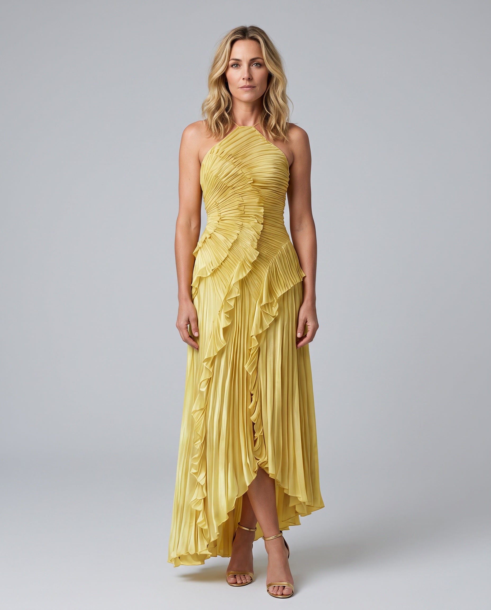 Nina | Pleated Asymmetric Ruffle Maxi Dress