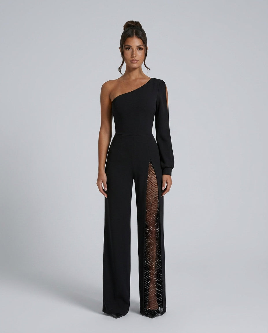 Josie | One-Shoulder Glitter Mesh Wide-Leg Jumpsuit