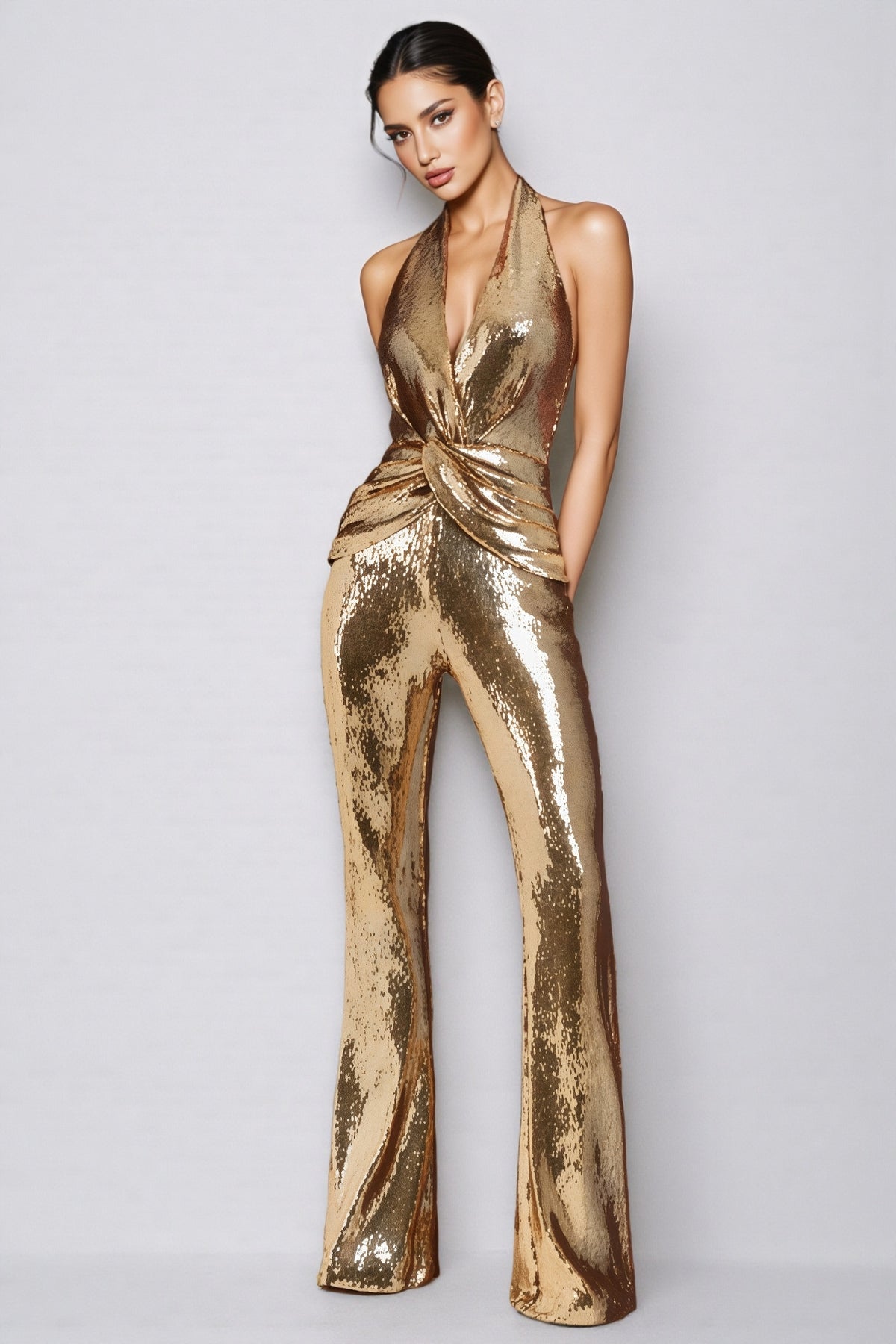 Emerson | Sleeveless Twisted Front Metallic Jumpsuit