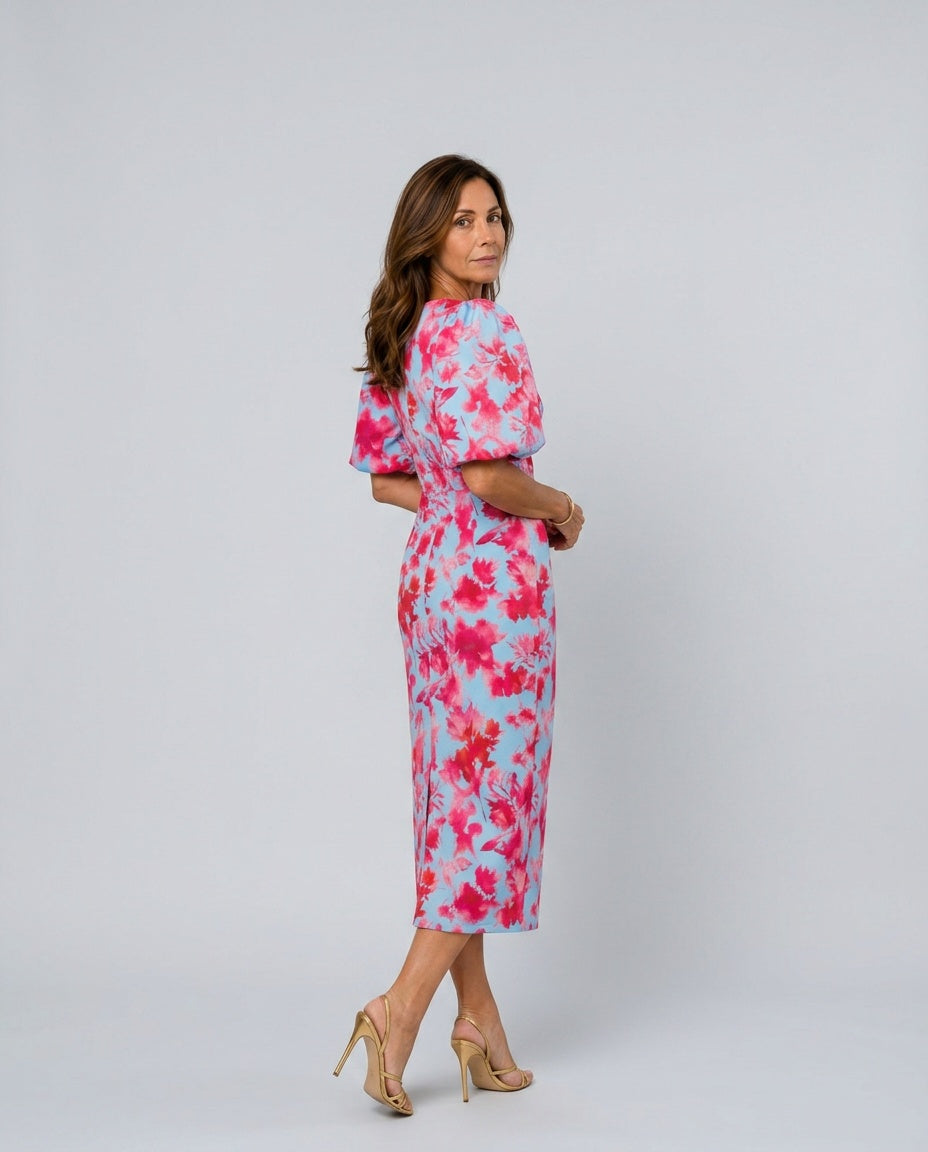 Vashti | Abstract Print Puff Sleeve Ruched Midi Dress