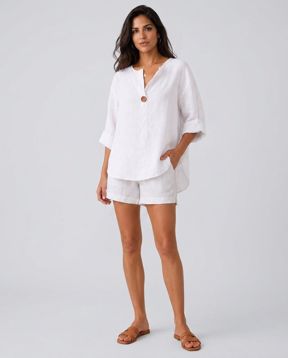 Orla | 3/4 Sleeve Open Collar Linen-Look Blouse