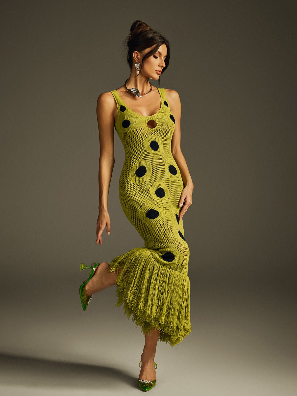 Everly | Polka Dot Fringe Knitted Midi Dress