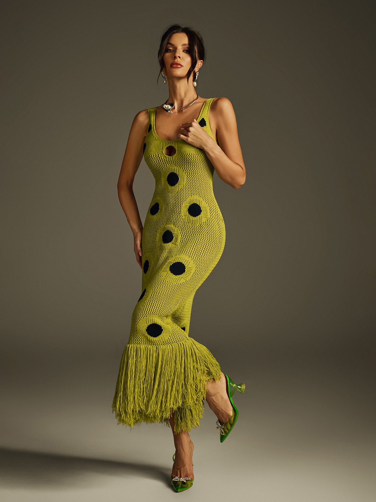 Everly | Polka Dot Fringe Knitted Midi Dress