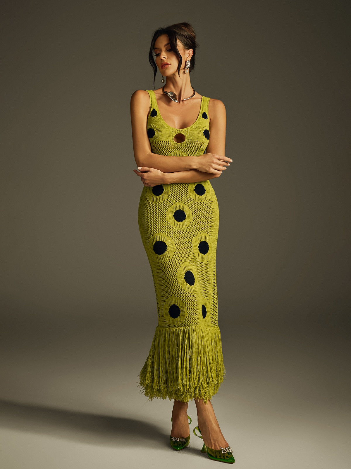 Everly | Polka Dot Fringe Knitted Midi Dress