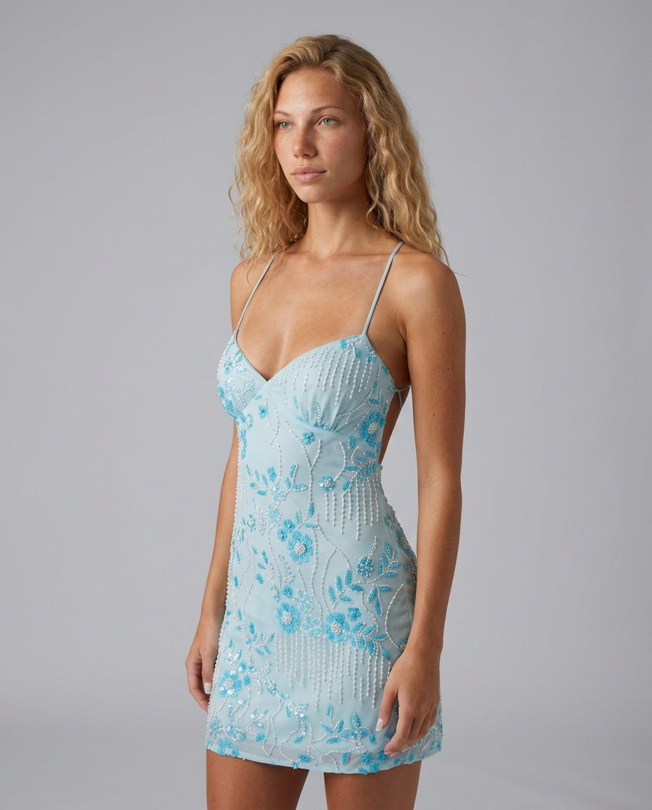 Renata | Open Back Beaded Spaghetti Strap Sequin Mini Dress