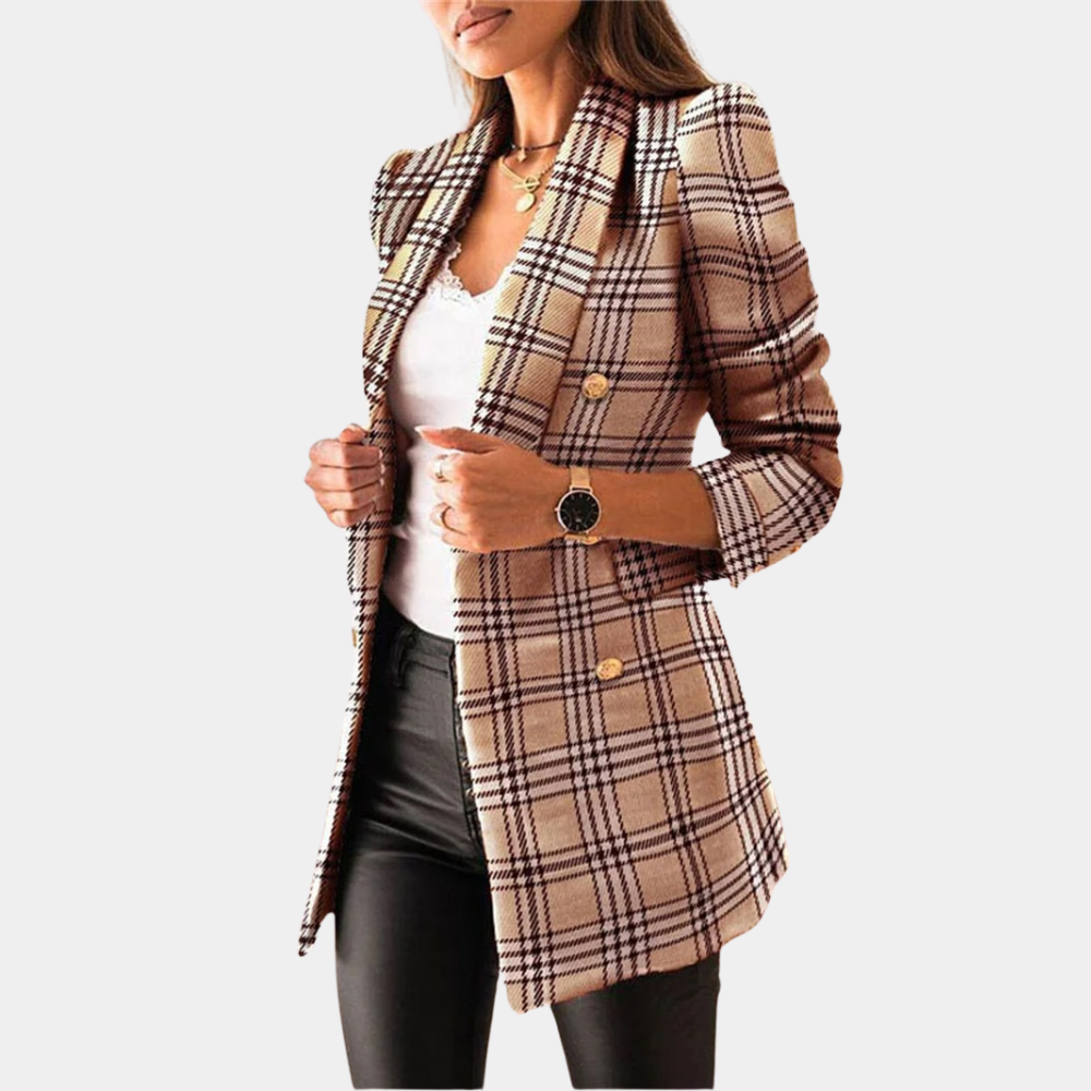 Faye | Long Checked Gold Button Blazer