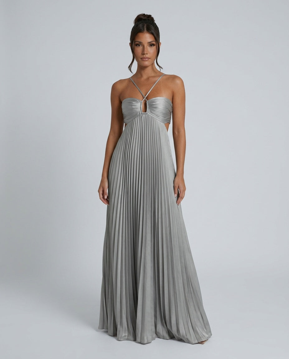 Seraphina | Pleated High-Waist Halter Neck Maxi Dress