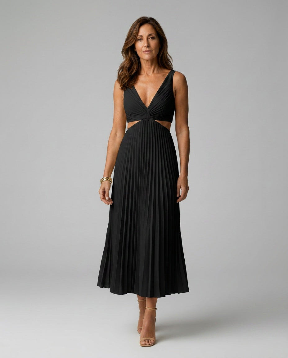 Harlow | V-Neck Pleated Midi Dress