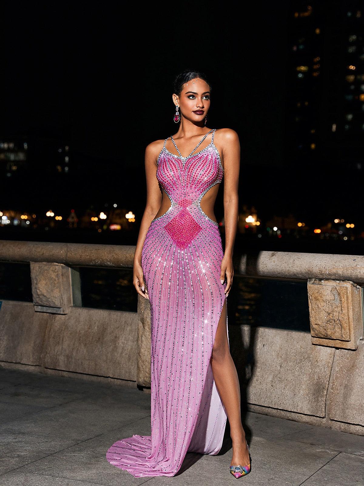 Soraya | Crystal Cutout Maxi Dress in Hot Pink