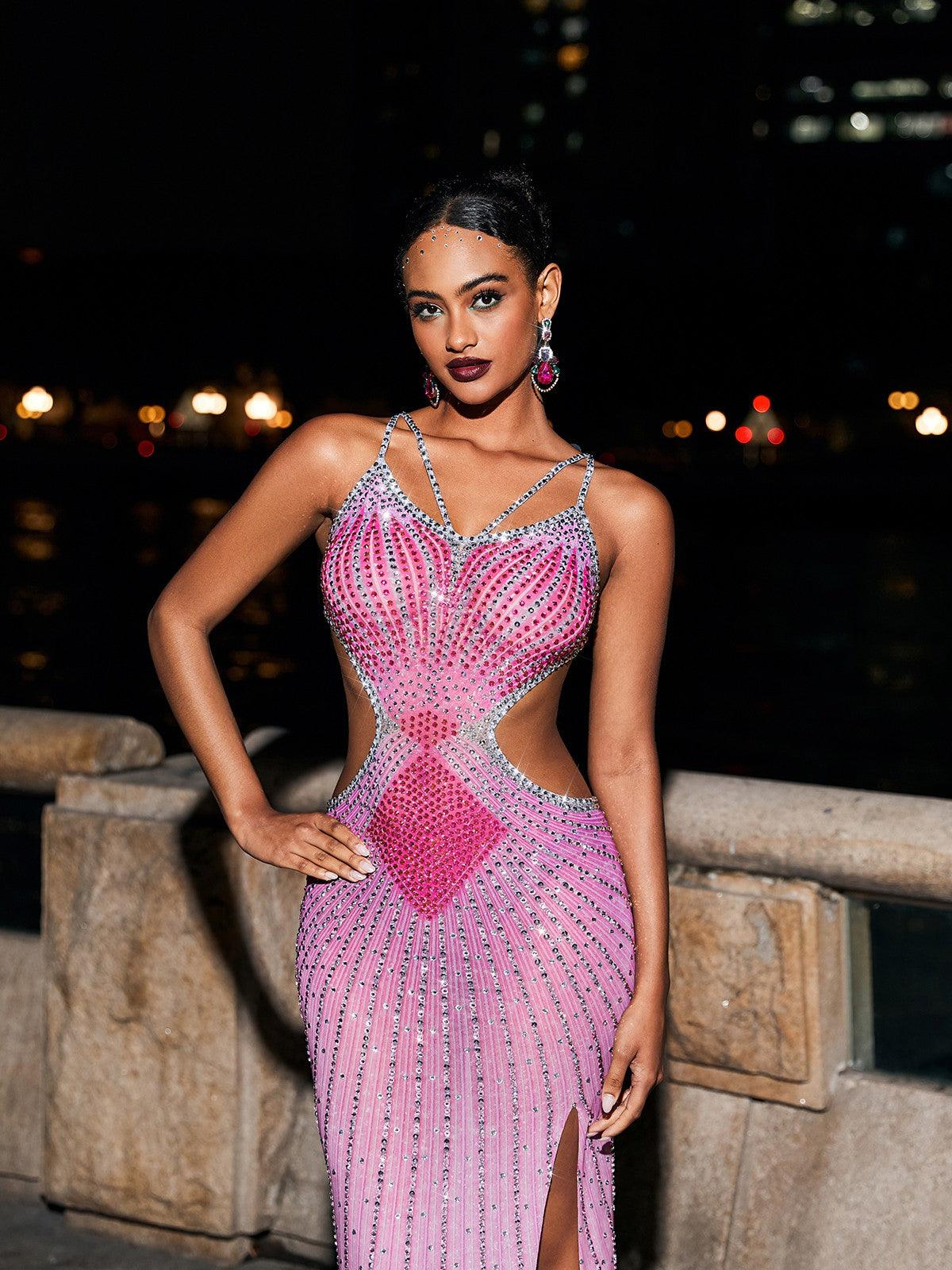 Soraya | Crystal Cutout Maxi Dress in Hot Pink