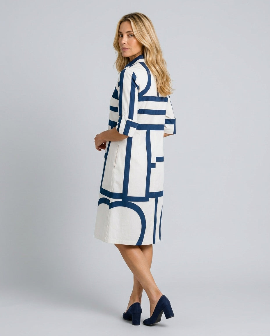 Faye | Geometric Print Collared Knee-Length Midi Dress