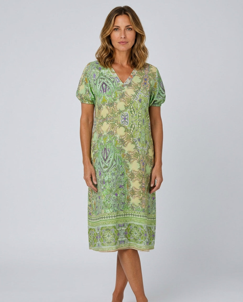 Maeve | Printed V-Neck Short Sleeve Midi Dress