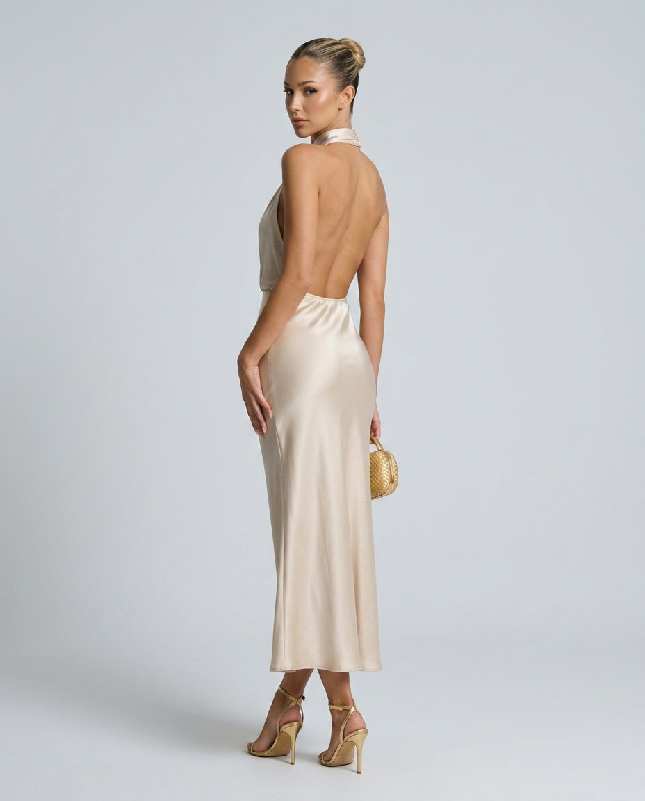 Imara | Halter Neck Open Back Satin-Look Maxi Dress