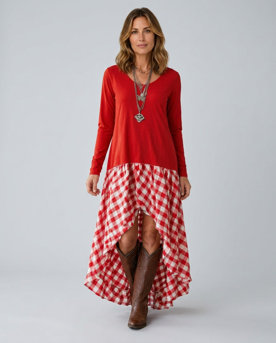 Reva | Gathered Gingham Asymmetric Maxi Dress